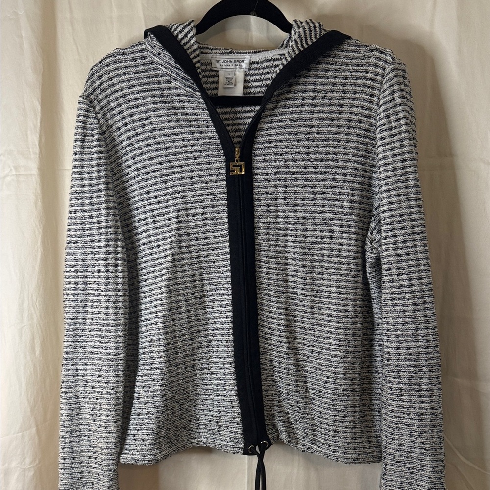 St. John Sport Black & White Knit Zip-Up Hoodie
